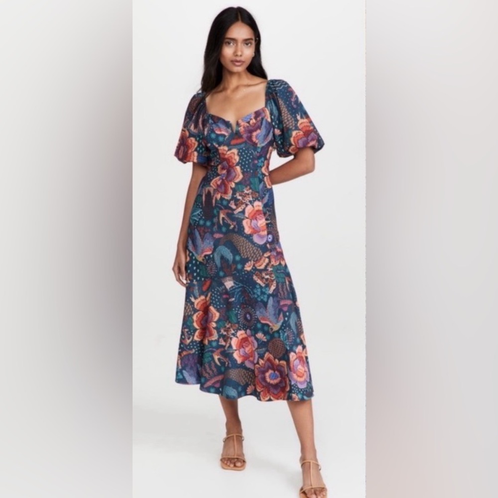 FARM Rio Navy Floral Sweetheart Midi Dress with Pink & Orange Flowers